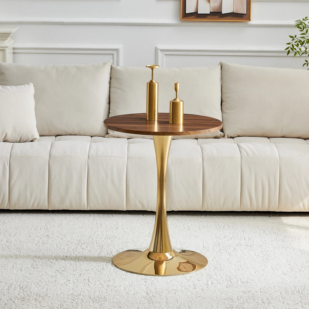 Tavolo da pranzo rotondo con base centrale e piano effetto noce stile retrò moderno in MDF e metallo oro per soggiorno e sala da pranzo