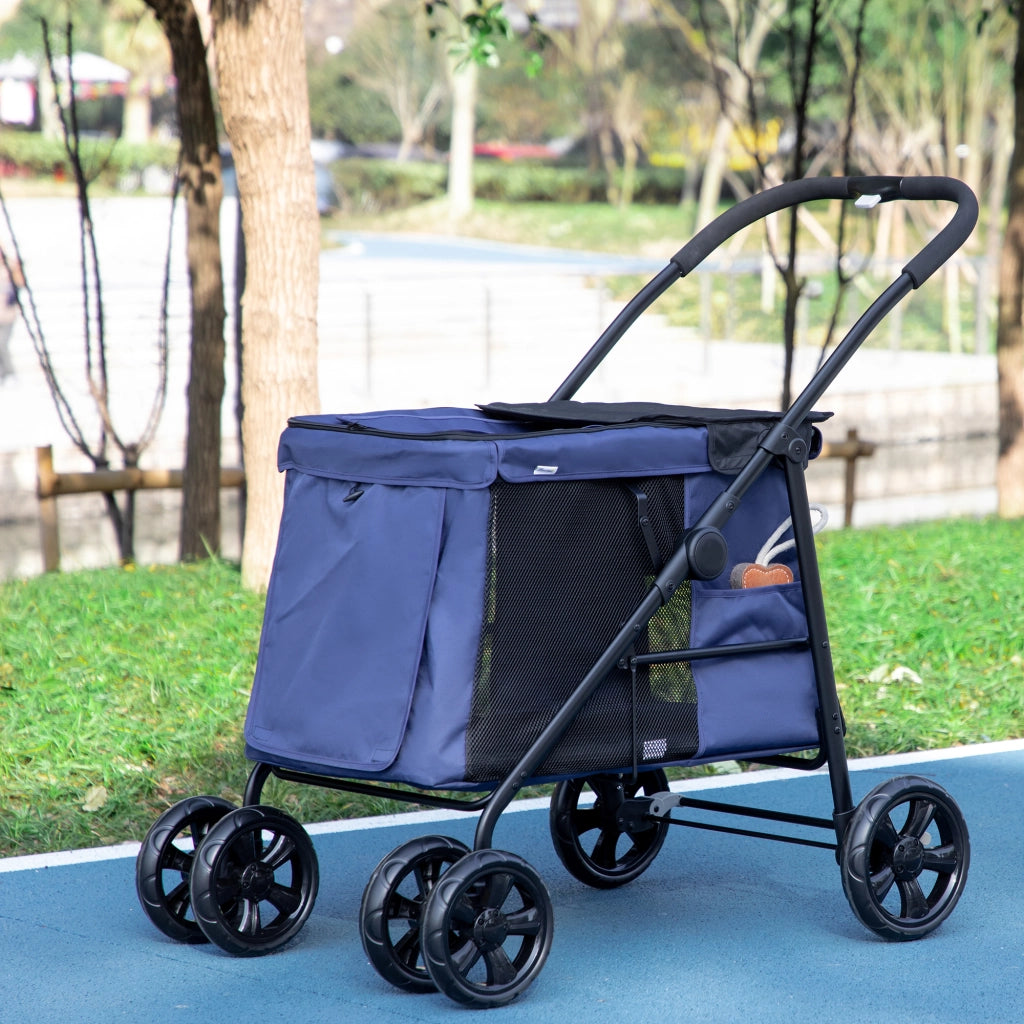 Carrello per Cani Pieghevole con Cuscini e Tasche ¨C zephmum ¨C 102x62x105, Blu