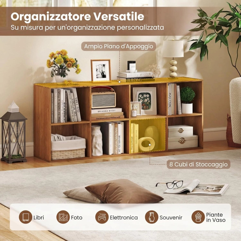 Libreria Scaffale a 8 Cubi Aperti, Libreria Bassa in Legno Salvaspazio, Scaffale Espositivo per Camera da Letto, Soggiorno, Salotto, Ufficio e Studio, 121,5 x 29 x 61 cm (Naturale)