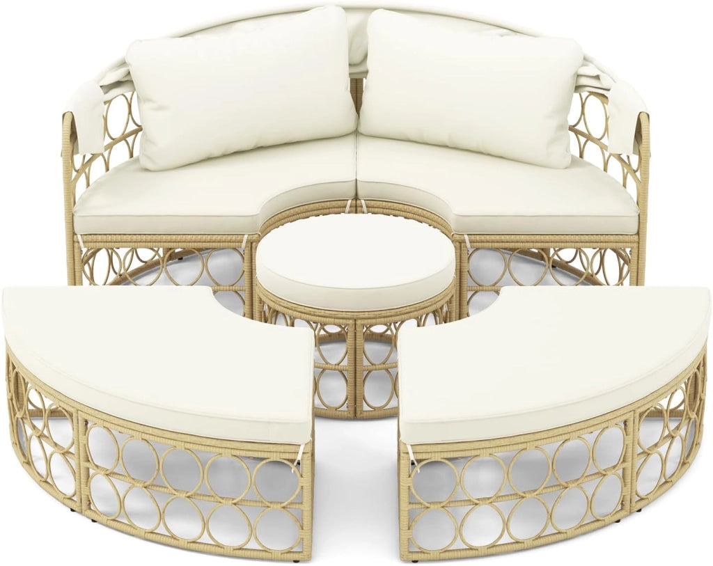 Divano letto rotondo con tenda retrattile, lettino modulare in rattan PE da 5 pezzi, set di mobili da giardino, 180x150 cm, per veranda, posteriore, piscina