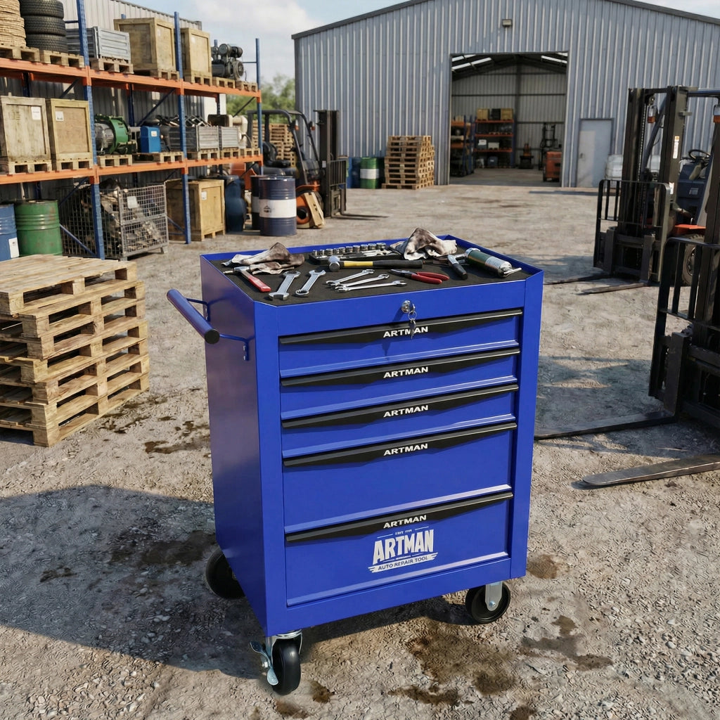 CARRELLO PORTAUTENSILI 5 Cassetti con ruote, acciaio nero e blu
