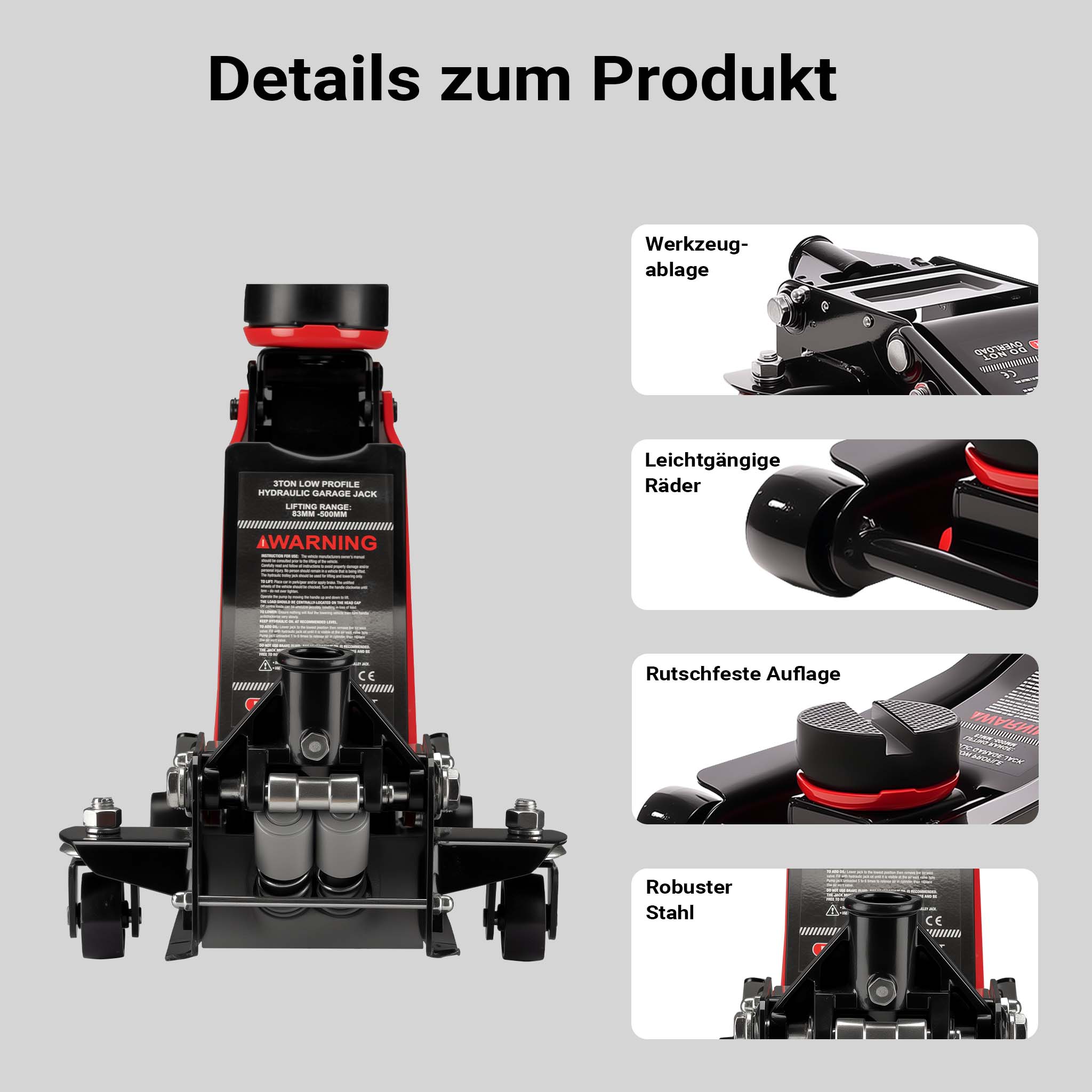 Martinetto idraulico 3 t 85-500mm Cric sollevatore a carrello con doppio pistone
