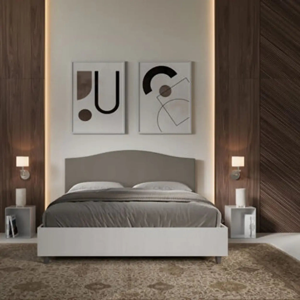 Letto matrimoniale contenitore doppia alzata 160x200 bianco frassino testata similpelle cappuccino Grace