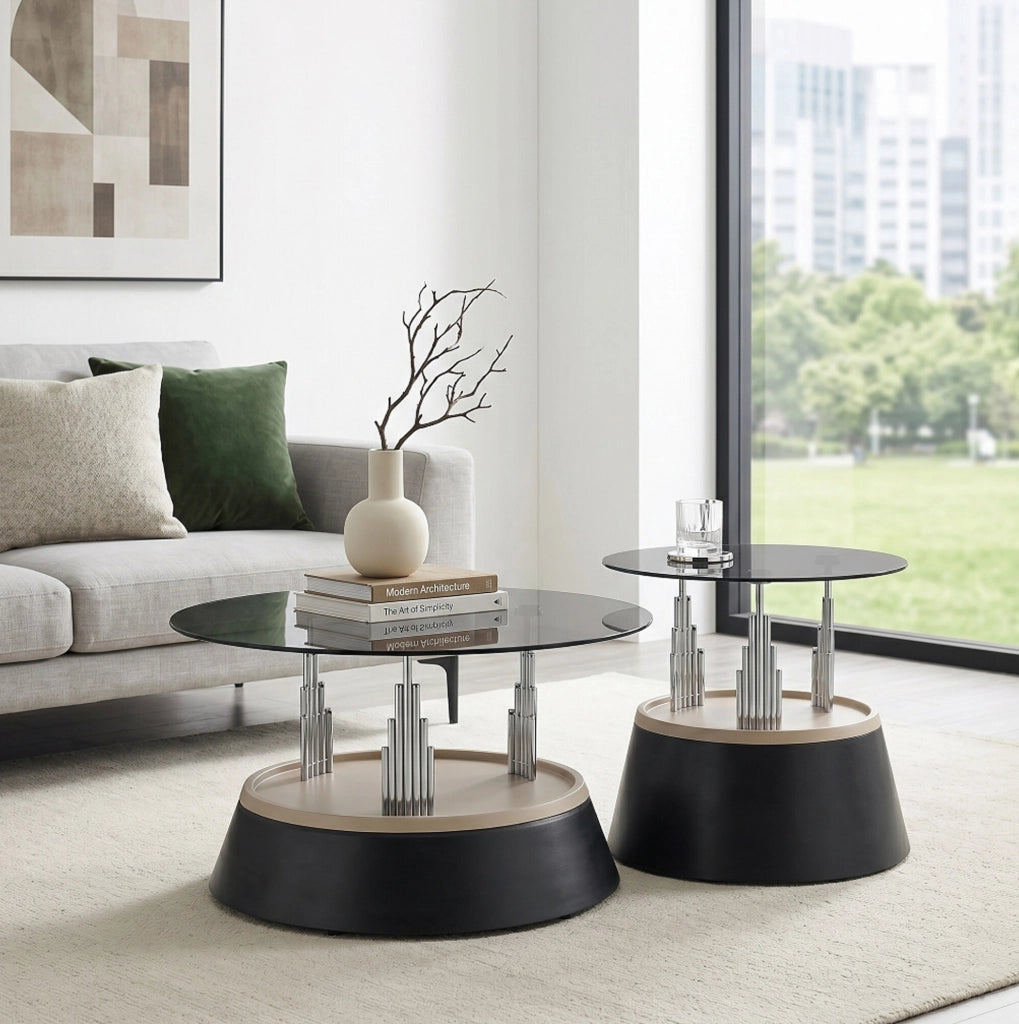 Set di 2 tavolini neri in vetro temperato e metallo; design nesting