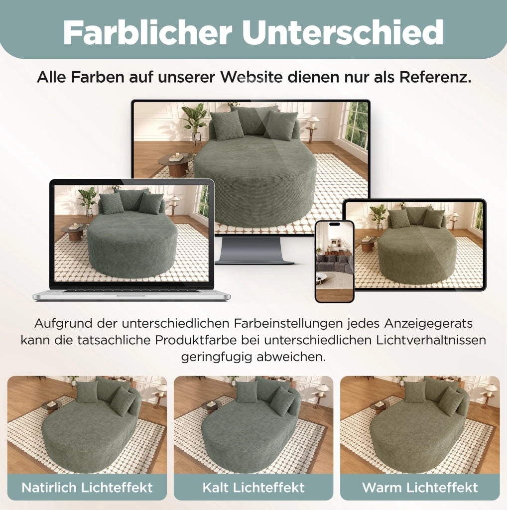 Poltrona relax ovale in tessuto a coste verde; 170 x 112;5 x 83 cm