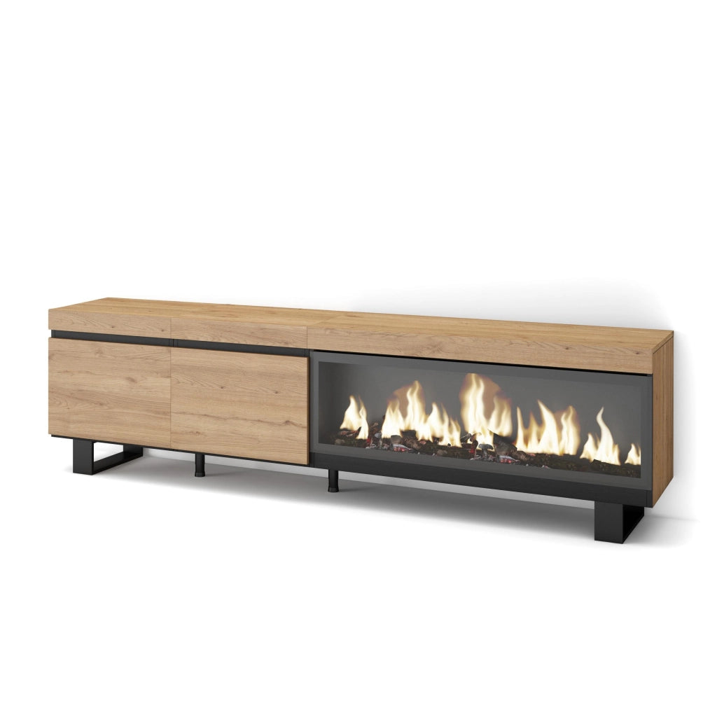 Mobile TV Soggiorno, 208x35x57cm, Per TV fino a 80", Camino elettrico XXL, Design industriale, colore Rovere RF3278