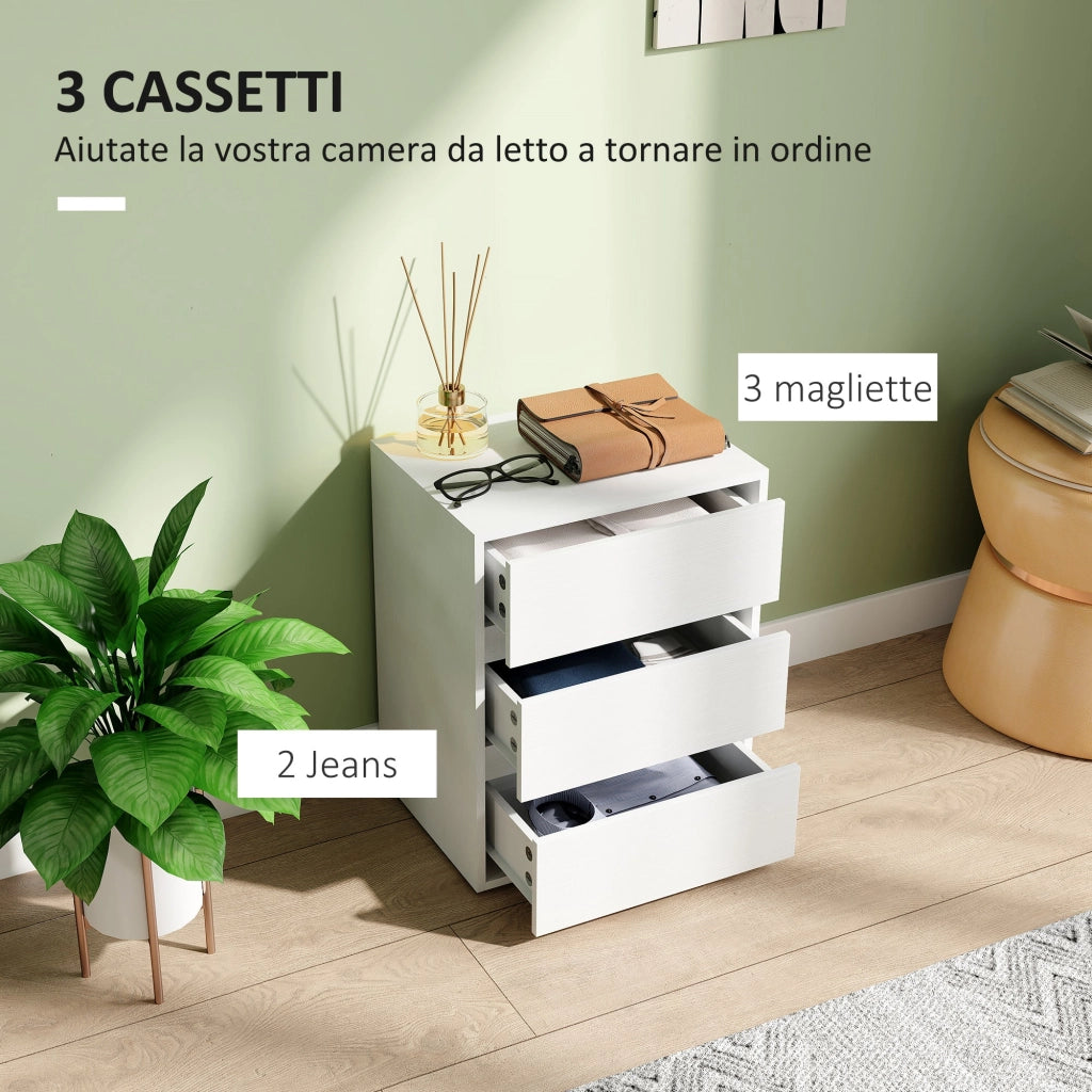 Cassettiera 3 Cassetti Moderna 40x30x50,5 cm in Legno Bianco