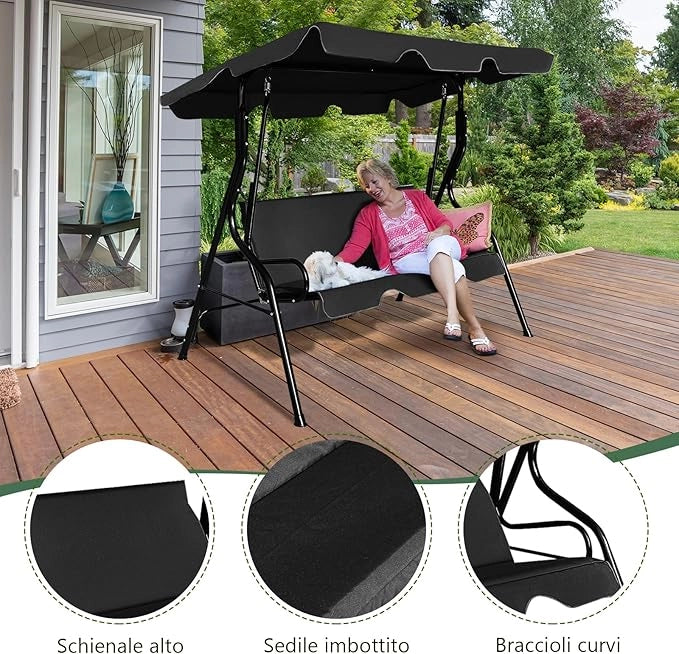 Dondolo a Tre Posti con Oscurante per Proteggersi dal Sole,Colori Disponibili:Nero caffè Verde più Bianca (Nero)