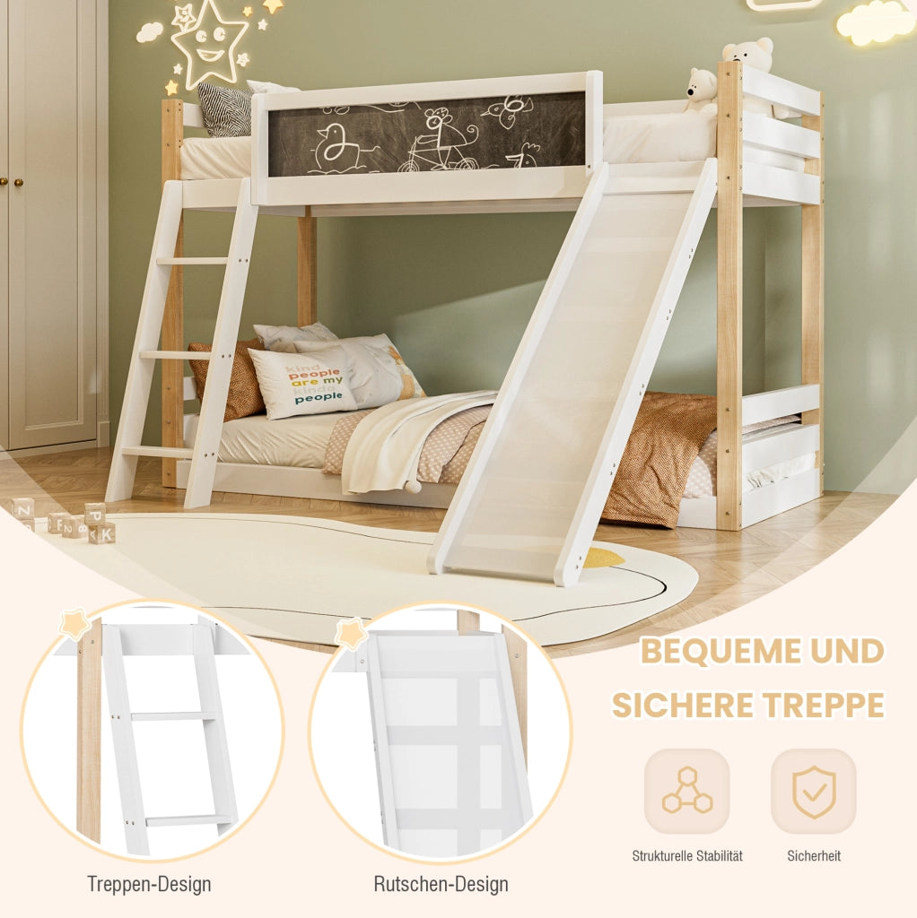 Letto a castello per bambini con scivolo; scala e lavagna; in legno; bianco