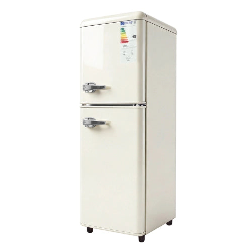Frigorifero a doppia porta (112L) – controllo della temperatura a 7 livelli; classe di efficienza energetica E; luce LED; ripiani regolabili e portauova – Crema