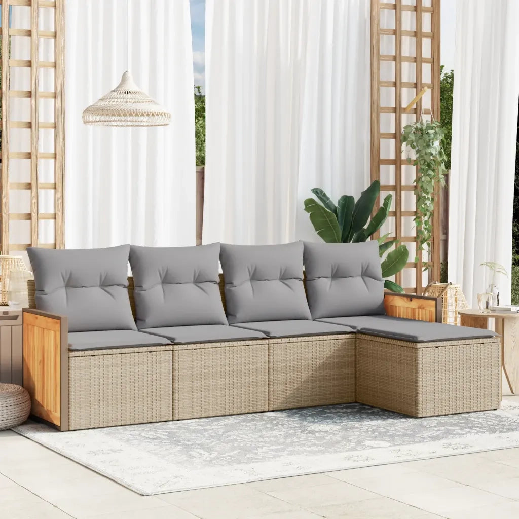 Set Divano da Giardino 5 pz | Set Salotto da Giardino con Cuscini Beige in Polyrattan