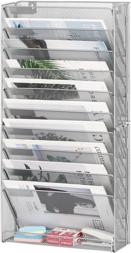 Krantenstandaard multifunzionale con 10 livelli, base metallica, parete per cartelloni, contenitori di archiviazione, fogli A4, documenti, ufficio, scuola, organizzatore di archivi