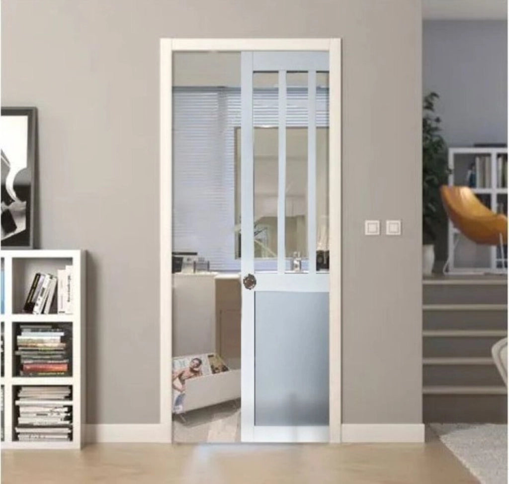 Porta Scorrevole Workshop Bianca e Pannelli Vetro Grigio RAL7035 H204 x L73 + Sistema Pocket e kit di finitura inclusi