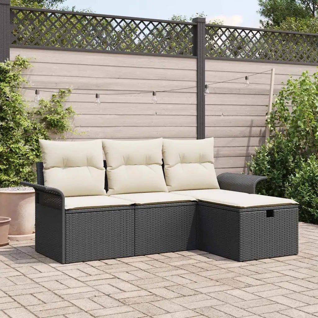 Set Divano da Giardino 4 pcs Nero e crema Poly Rattan