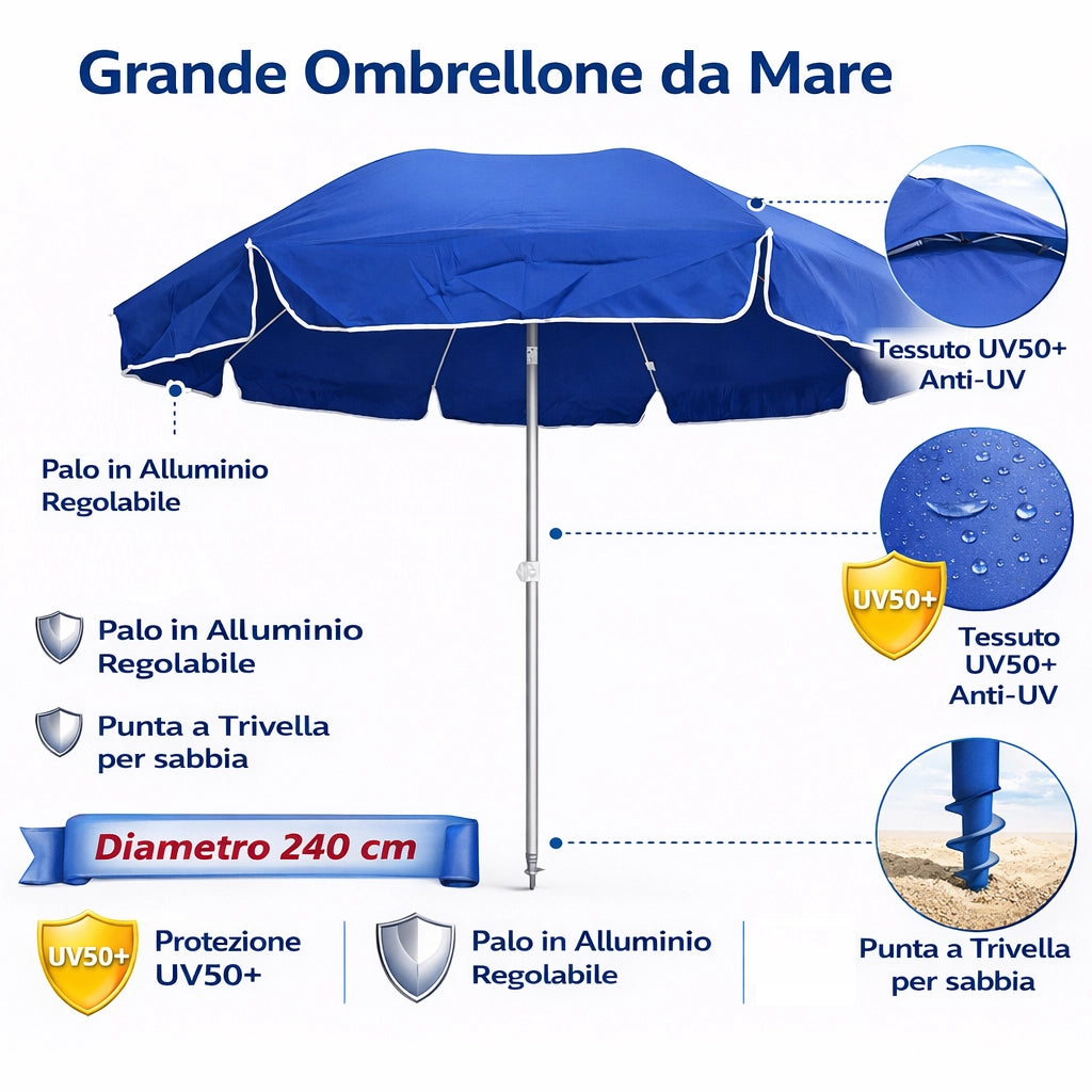 Ombrellone Mare Spiaggia 240 cm Antivento Alluminio UV50+ Inclinabile con Custodia e Trivella