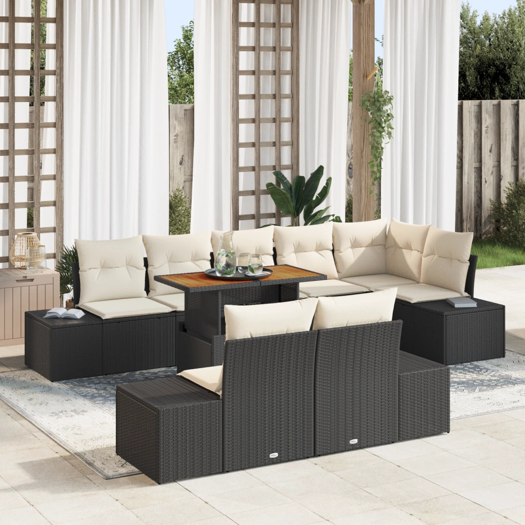 Set di Divani da Giardino 9 Pezzi con Cuscini Neri in Rattan Sintetico