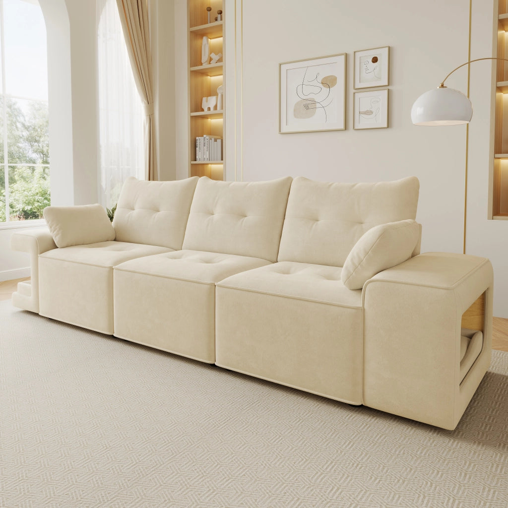Divano modulare 3 posti in velluto beige con ampi braccioli, spazio contenitore e nicchie per animali