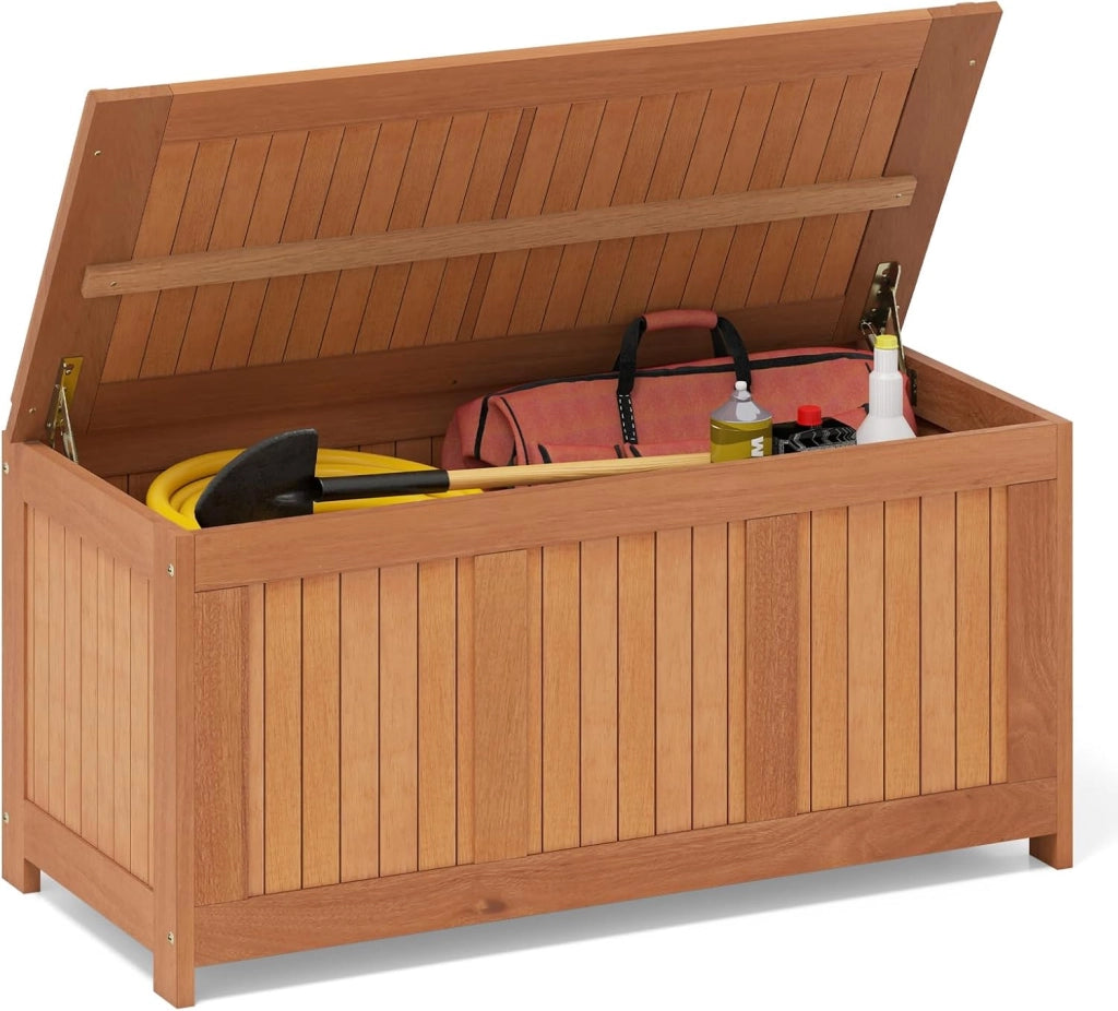 Baule da Giardino 220L, 3 in 1 Cassapanca Contenitore in Legno Massello con Coperchio Ribaltabile e Bordi Rialzati, Panca Portaoggetti per Interni e Esterni, 113,5 x 52 x 58,5 cm