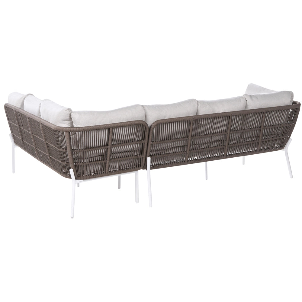 Set da salotto da giardino a 7 posti con divano angolare in corda intrecciata poltrone e 2 tavolini da caffè beige struttura in alluminio