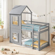 Letto a castello per bambini 90x200 cm in legno di pino, color grigio, con struttura a casetta e scaletta