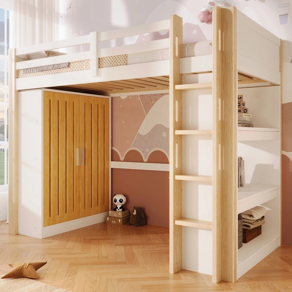 Letto a Soppalco con LED, Armadio e Scaffale ¨C MINIMAL ¨C 90x200 Bianco e Naturale