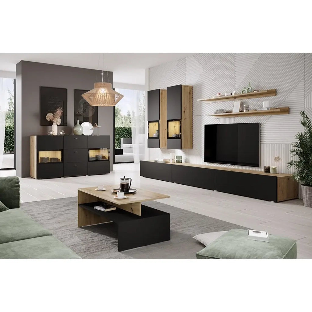 Set di mobili da salotto RAMOS – Rovere e nero opaco super – Design contemporaneo senza LED