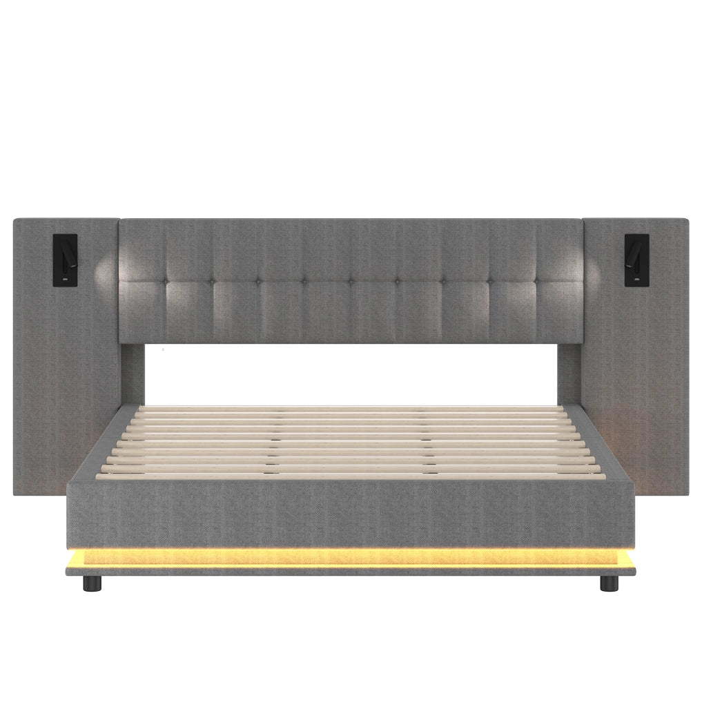 Letto imbottito 180 x 200 cm grigio in lino con LED, spot e USB