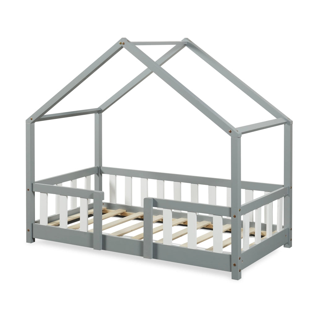 Letto per Cameretta Treviolo a Forma di Casetta in Stile Montessori 70x140 cm Grigio Chiaro/Bianco [en.casa]