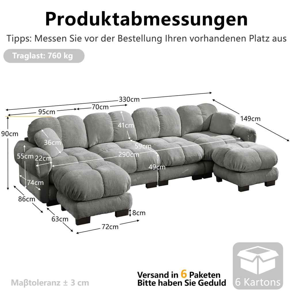 Divano modulare angolare a U 330x149x90 cm in ciniglia con pouf mobili; grigio chiaro