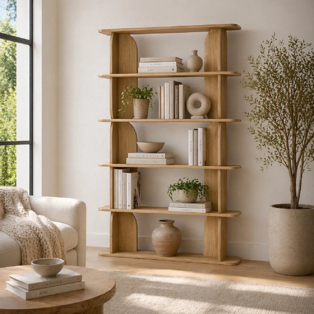 Libreria Moderna Con 5 Ripiani A Giorno Design Minimal Per Soggiorno Salotto Studio Corridoio Zona Living E Ufficio In Melaminico 120 X 181.5 X 34 Cm Rovere Naturale