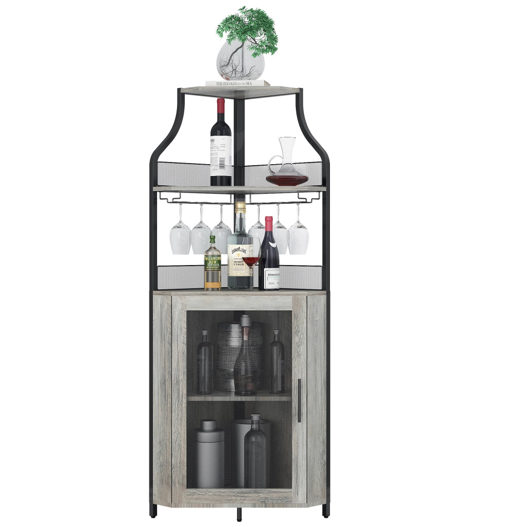 Mobile Bar Angolare Portabottiglie Grigio in Metallo e MDF, 154cm