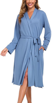 Kimono da donna, lunga, leggero, V-collare e lunghe maniche, con tasche, adatto per sauna, spa, surf, viaggi, abbigliamento da casa