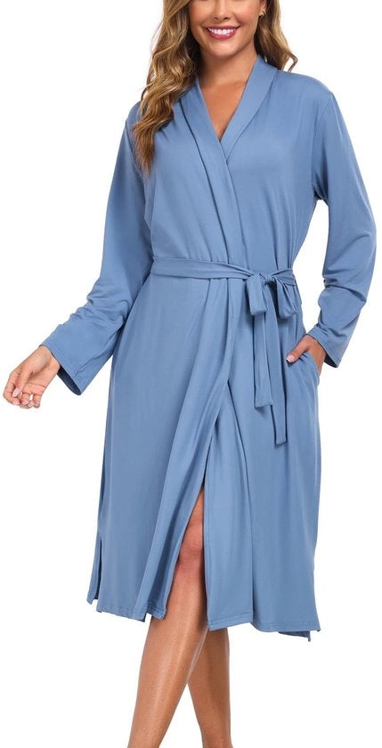 Kimono da donna, lunga, leggero, V-collare e lunghe maniche, con tasche, adatto per sauna, spa, surf, viaggi, abbigliamento da casa