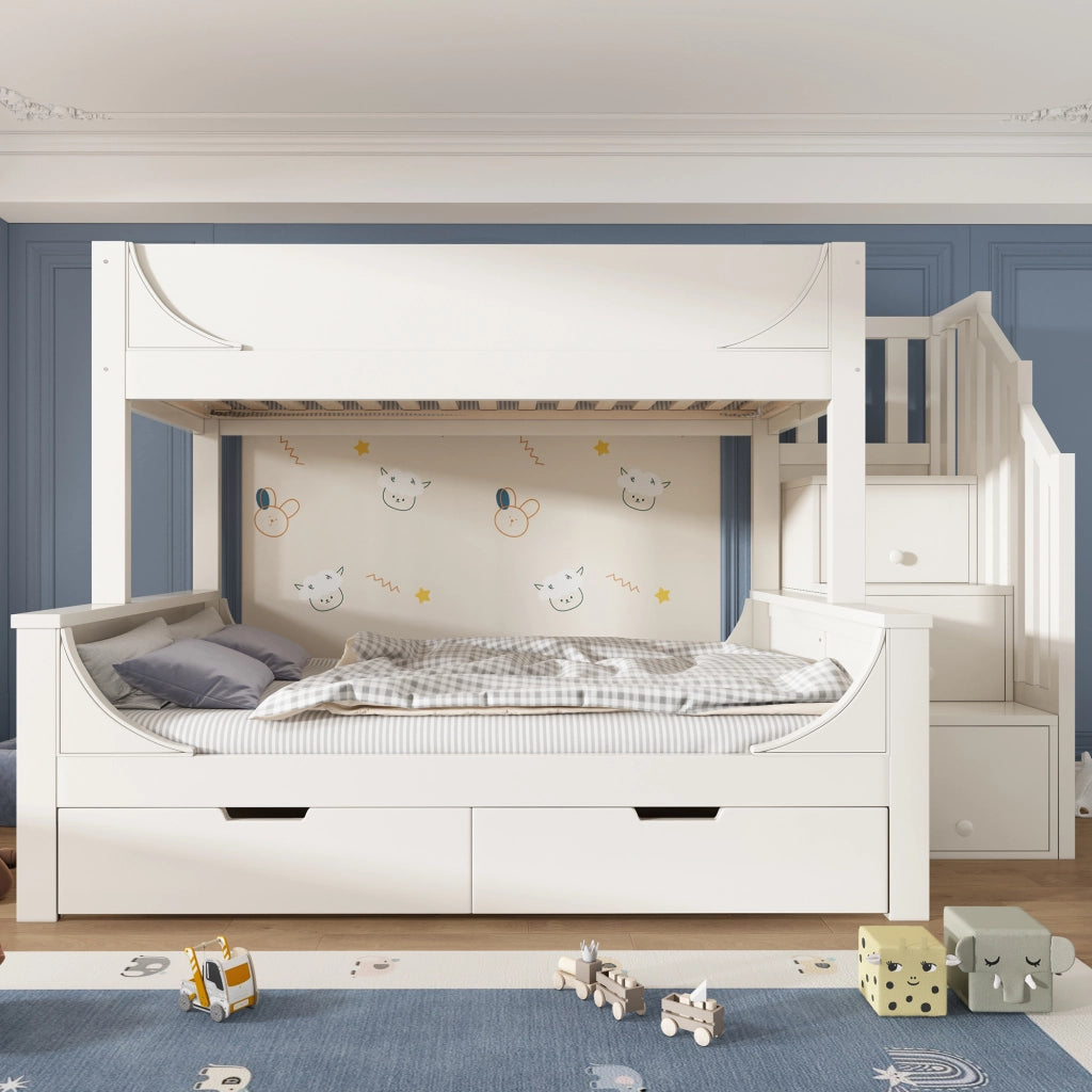 Letto a castello con scalinata e cassetti legno metallo bianco 140x200 cm