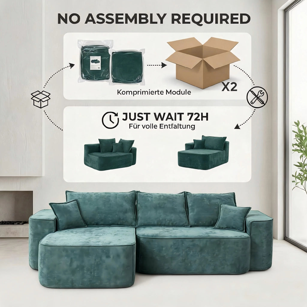 Divano angolare modulare con chaise longue, senza montaggio, tasche laterali, in Ciniglia Verde 262 × 144 × 65 cm
