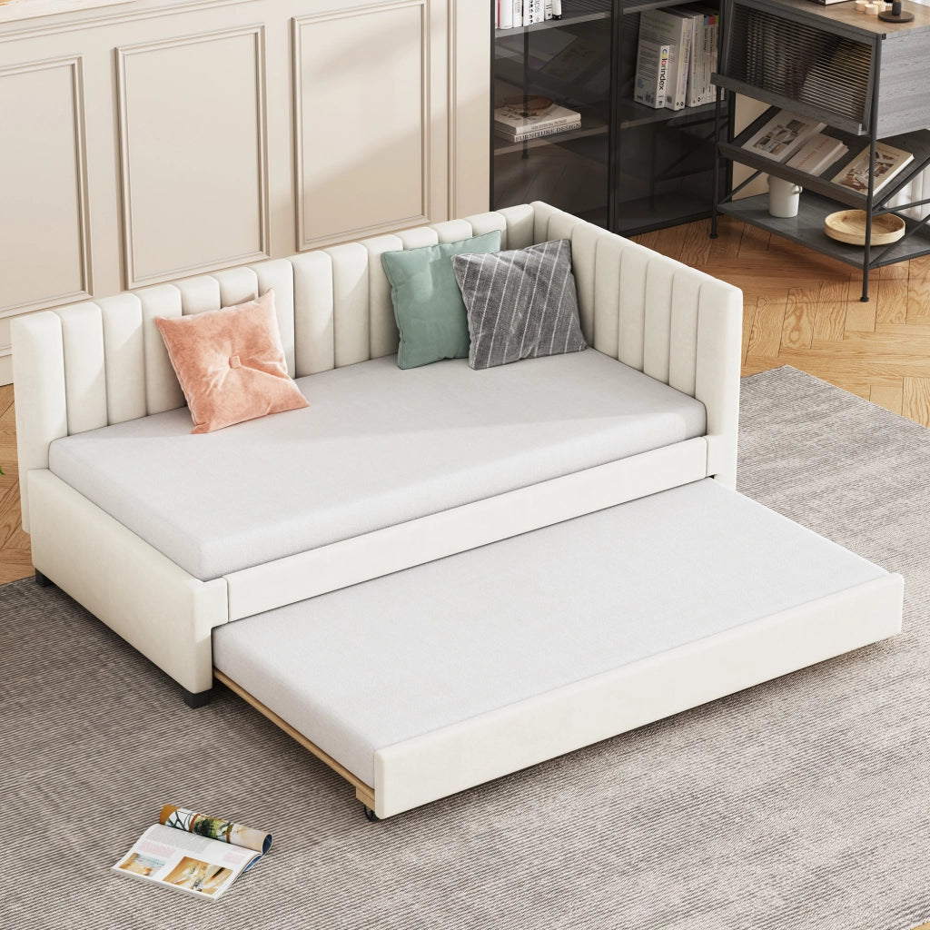 Letto poltrona con rete a doghe velluto beige 90x200 cm