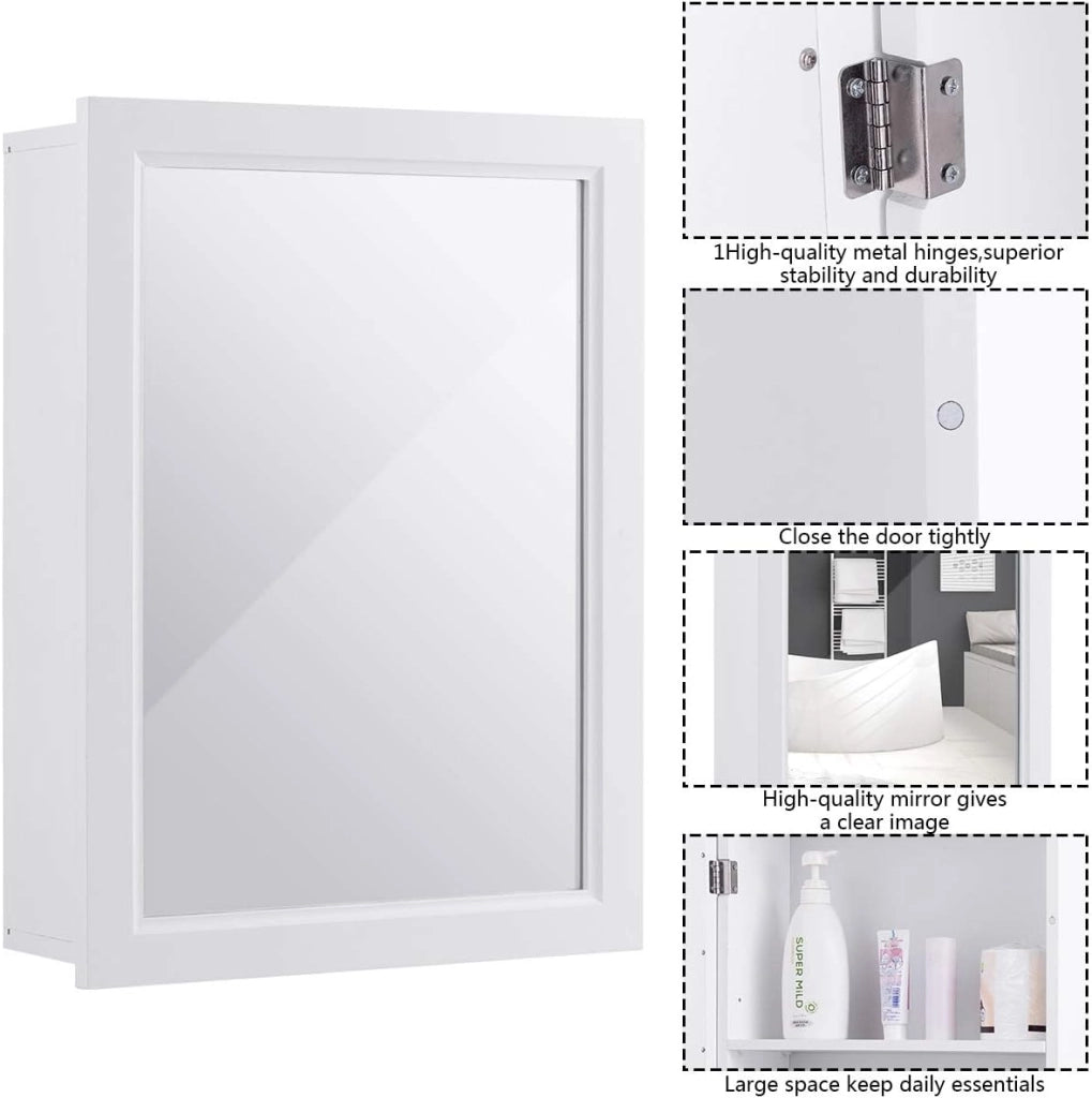 Armadietto da Bagno con Specchiera, Specchio da Parete, Armadietto da Muro per Bagno, 2 in 1 Design Specchio, Ripiano Regolabile in Altezza, Legno, 50 x 16 x 66 cm (Bianco)