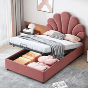 Letto per bambini imbottito con testiera floreale regolabile; contenitore idraulico e doghe; velluto rosa; 90x200 cm; senza materasso