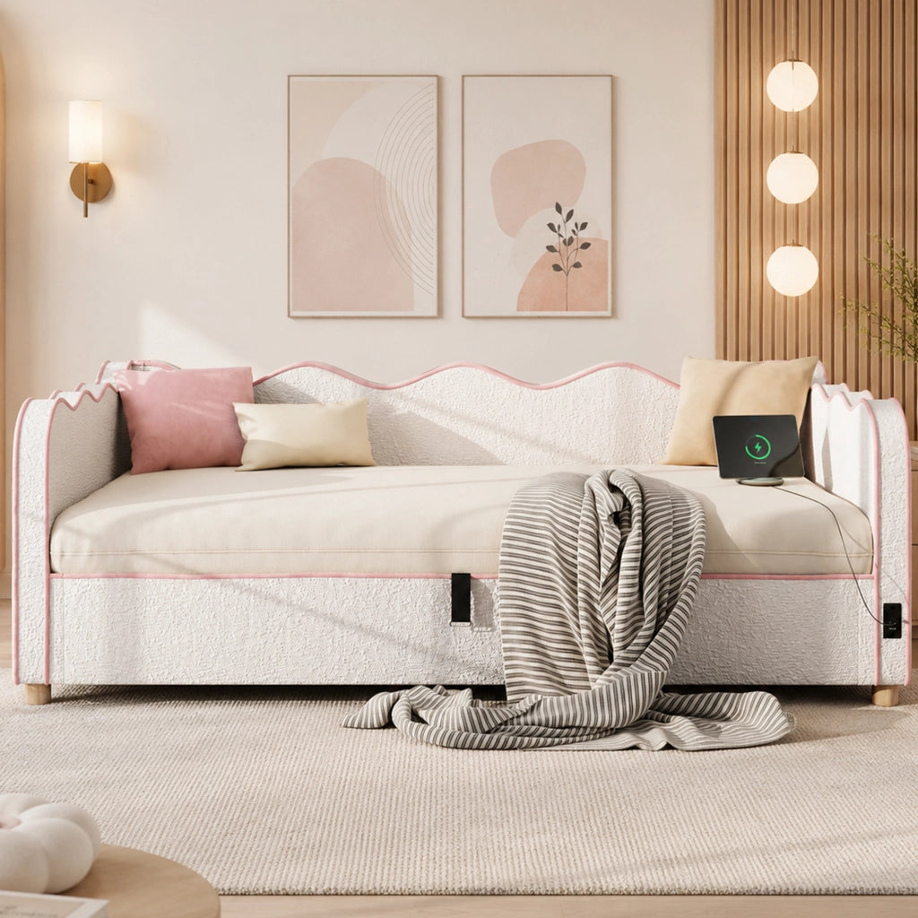 Letto contenitore singolo 90×200 cm con vano idraulico; USB e Type-C; senza materasso; bouclé beige