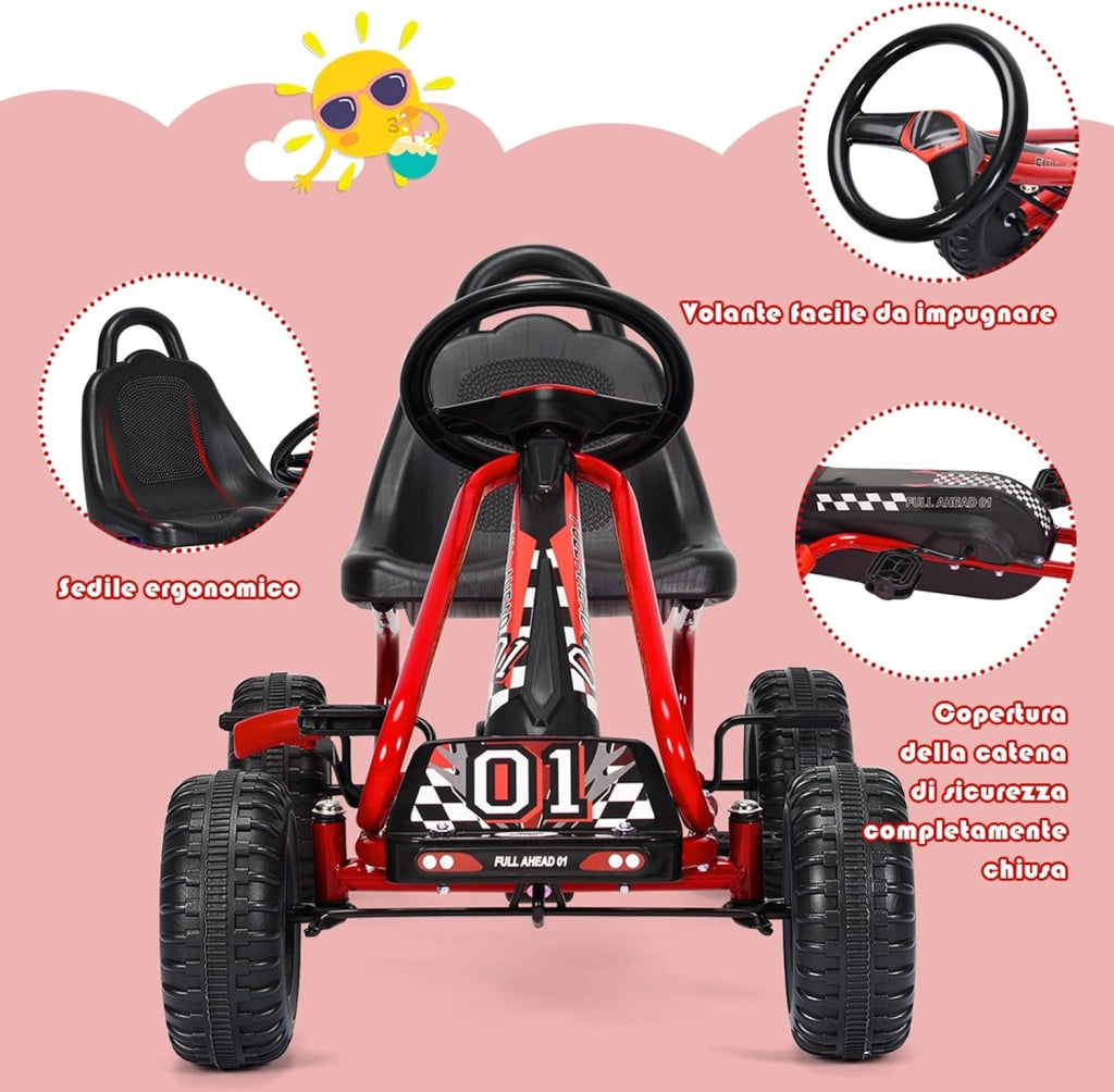 Go Kart a Pedali per Bambini, Go Kart Veicolo con Sedile Regolabile e Freno a Mano, per Bambini 3-6 Anni, Portata Massima 30 kg (Rosso)