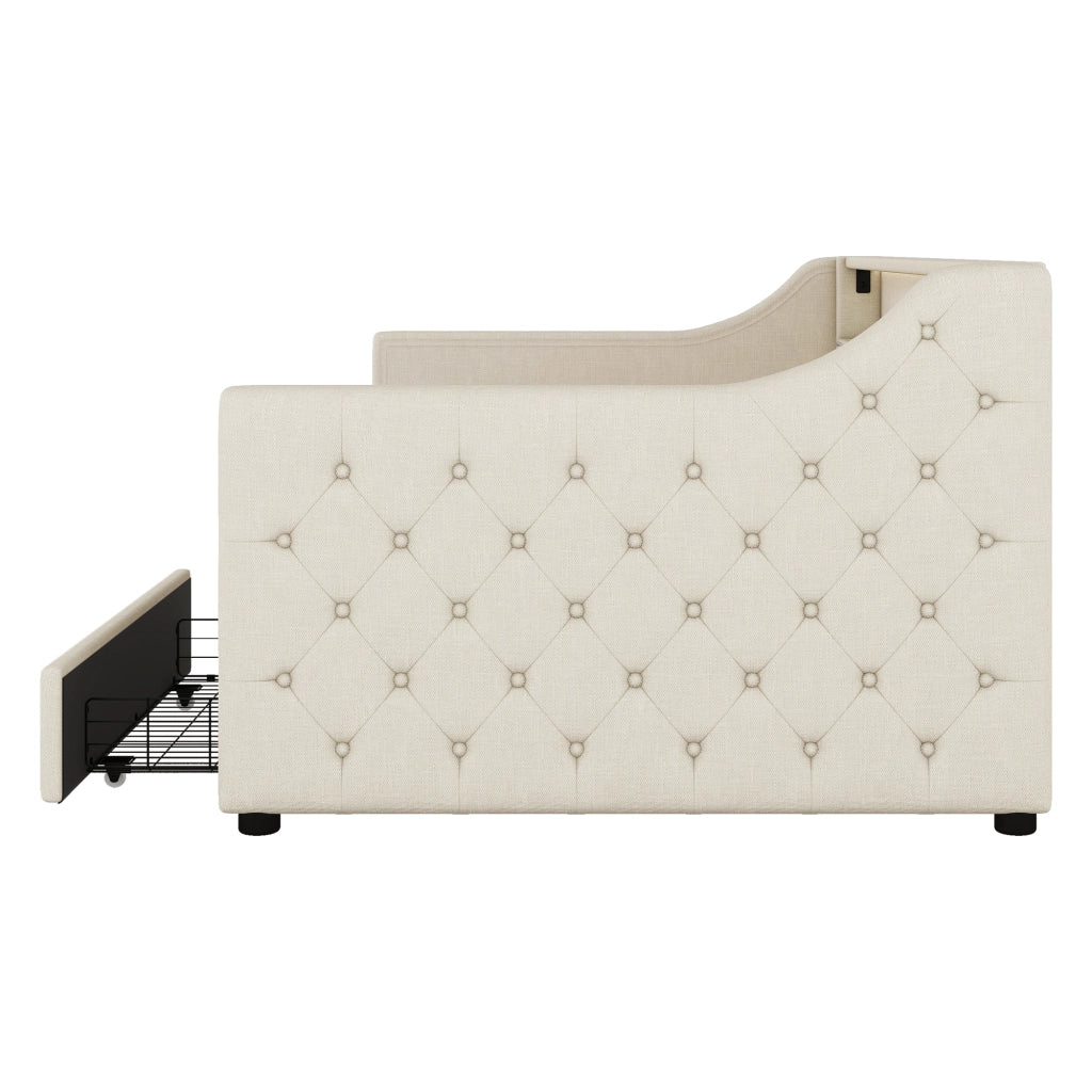 LETTO Divano 90x200 cm in lino beige con LED, USB e 2 cassetti