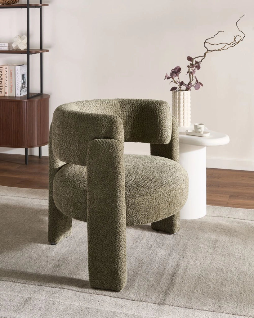 Poltrona imbottita in ciniglia con schienale curvo seduta moderna in stile scandinavo verde scuro
