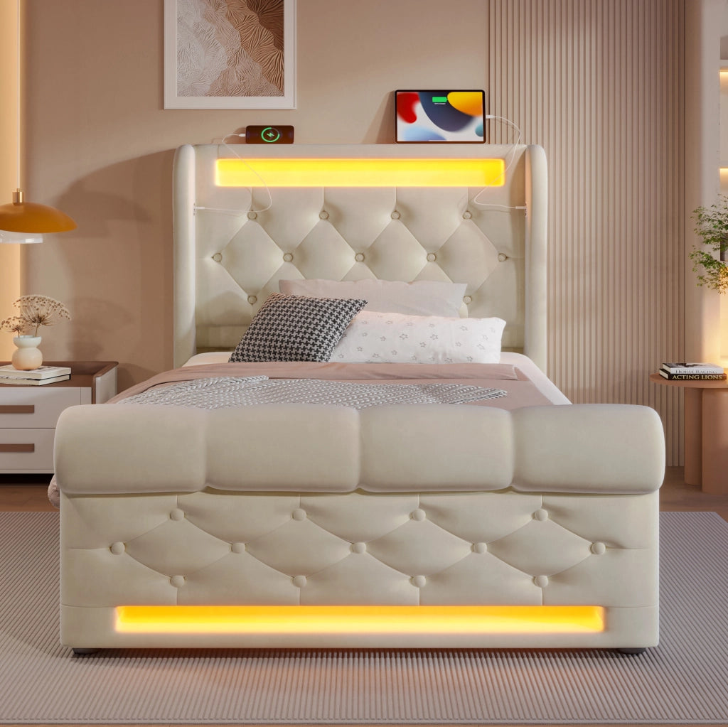 Letto imbottito 90x200 cm con LED, ricarica USB e contenitore idraulico