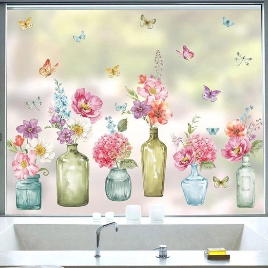 Sticker per finestra fiori vasi per finestra sticker fiori rossi farfalle sticker per finestra anti-urto doppio lato sticker per vetro decorazione primavera estate