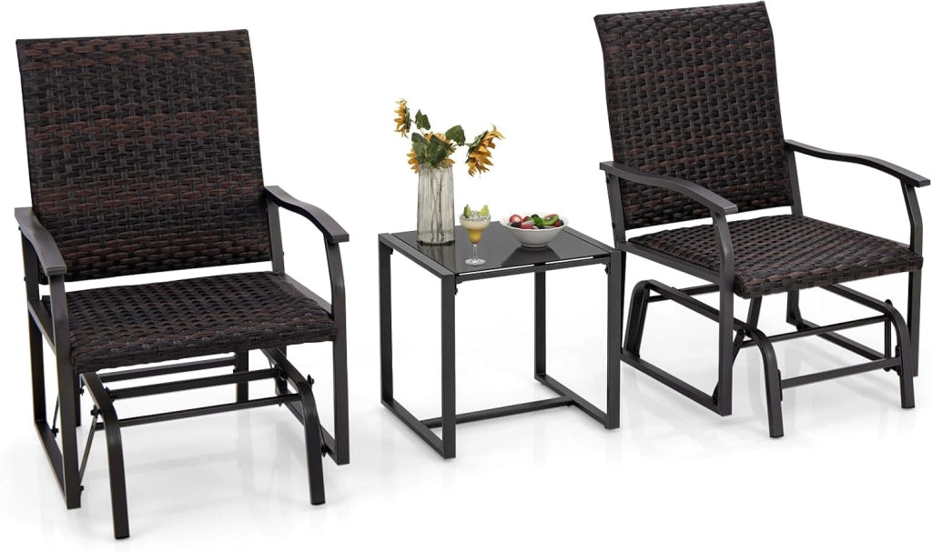 Set di 3 Pezzi Mobili in PE Rattan, Set di 2 Sedie a Dondolo con Tavolino da CaffÃ¨ in Vetro Temperato, Set di Sedie e Tavolino da Esterno per Giardino Cortile e Patio