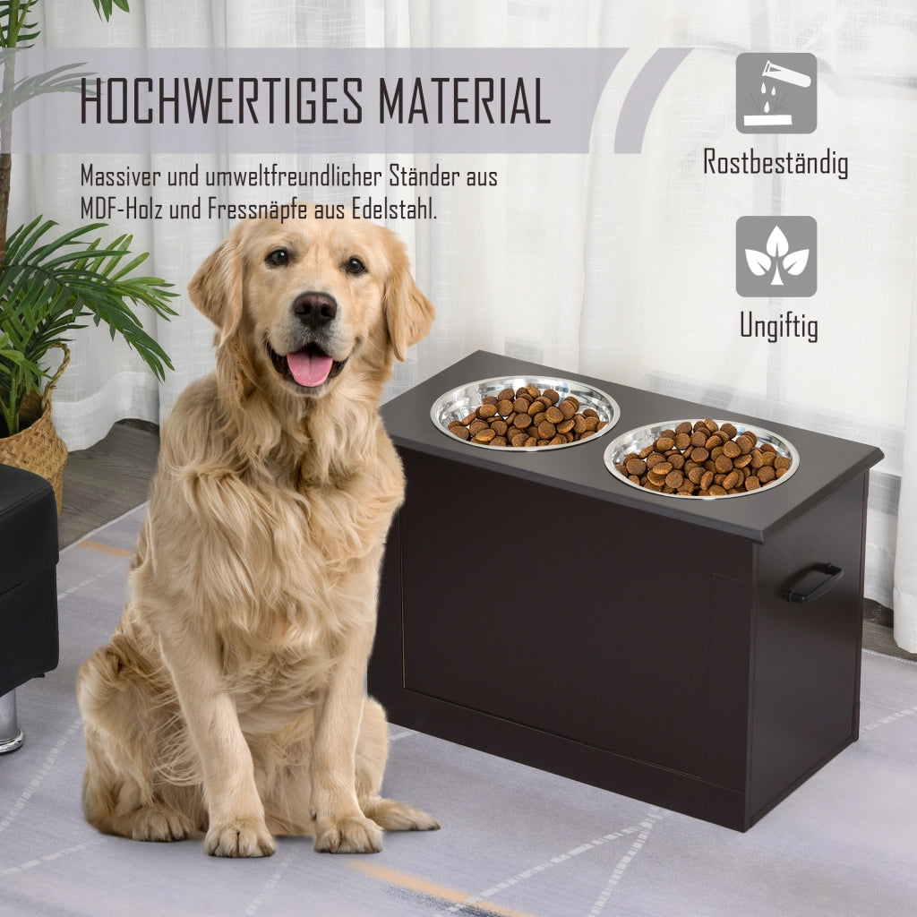 Scaffale rialzato con due ciotole e vano nascosto per cani grandi e anziani con maniglia laterale in MDF marrone 60 × 30 × 41 cm