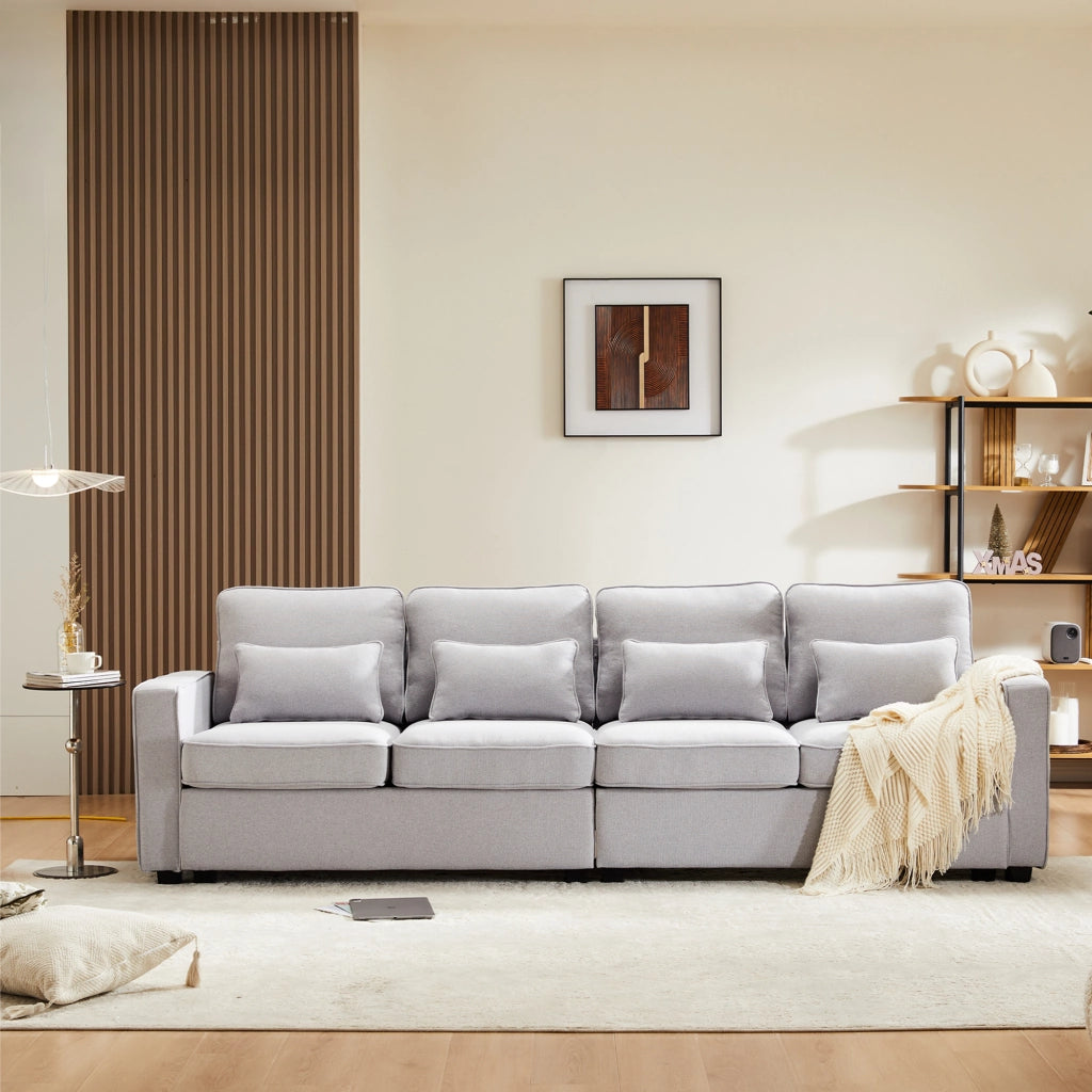 Divano Lineare 4 Posti con Tasche Laterali e 4 Cuscini Lombari, in Lino Grigio 264 × 83 × 87 cm