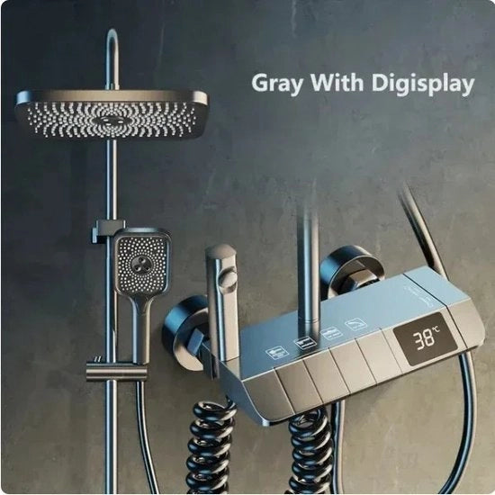 Sistema di doccia digitale - Grigio/Rossa - Display LED - Doccia a pioggia - Termostato bagno - Testa e maniglia in ABS - Funzione 4 in 1