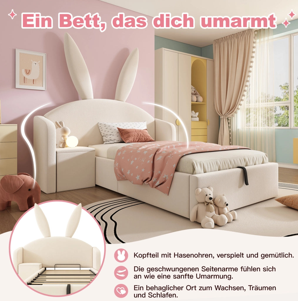 Letto per bambini 90x190 cm in velluto beige con testiera a coniglietto; contenitore e comodino