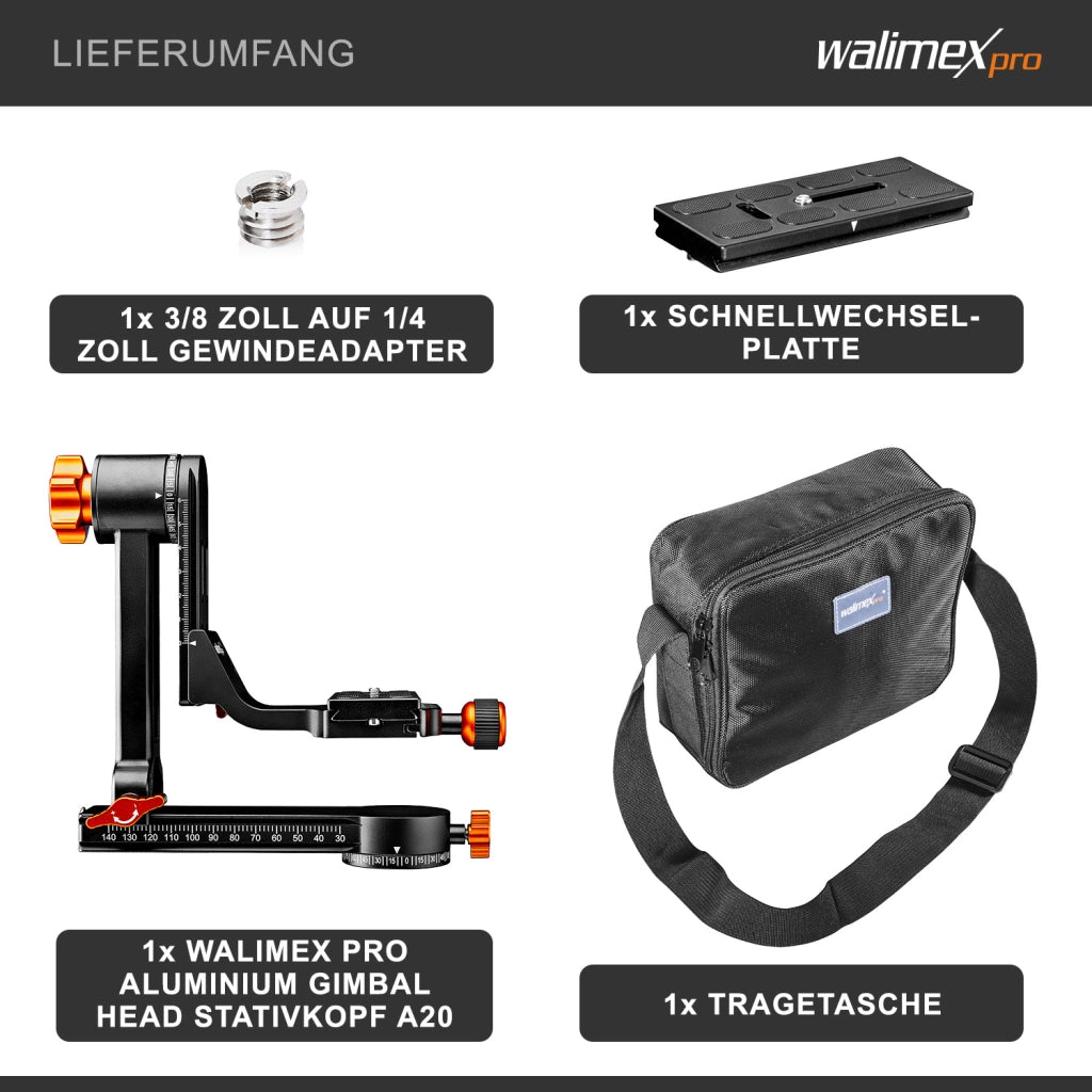 Aluminium Gimbal Head Tripod Head A20 - Testa di treppiede panoramica di alta qualità a 360 gradi con piastra a sgancio rapido Arca, capacità di carico 20 kg, con borsa